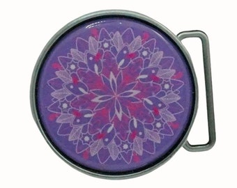 Mandala, Purple and Pink, 7cm, Round Hand Decorated, Pewter Finish, Belt Buckle, Patterned, Mandala Purple and Pink