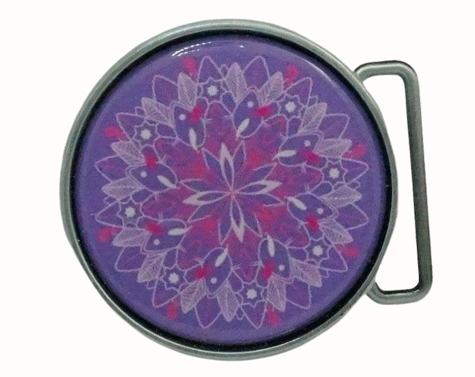Handmade Mandala Belt Buckle, Purple and Pink, Pewter Finish (7cm)
