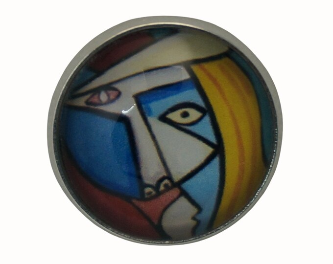 Pablo Picasso, Cubism Art, Round Metal Brooch, Silver Plated, 2.0cm Brooch, Glass, Scarf Pin, Lapel Pin