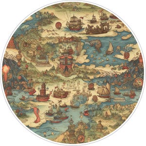 May include: A circular map illustration featuring a fantasy landscape with various sailing ships, including galleons and junks, navigating blue waters. The terrain includes mountains, forests, and architectural structures in muted earth tones.