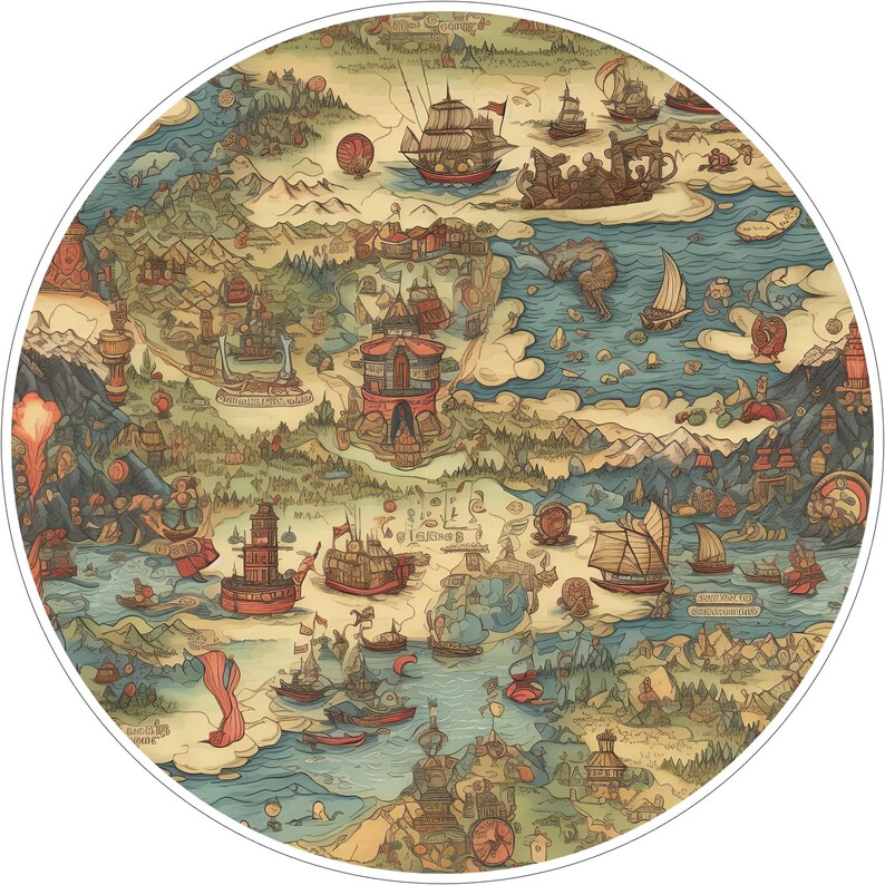 May include: A circular map illustration featuring a fantasy landscape with various sailing ships, including galleons and junks, navigating blue waters. The terrain includes mountains, forests, and architectural structures in muted earth tones.