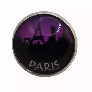 Paris, France, Purple, Round Metal Brooch, Silver Plated, 2.5cm Brooch, Glass, Scarf Pin, Lapel Pin