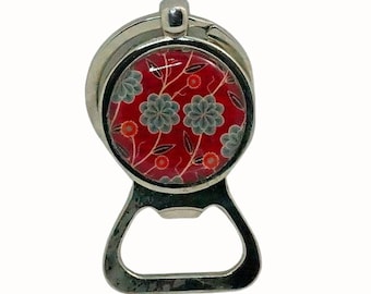 Handmade Keyring Bottle Opener Key Ring Floral Green and Red