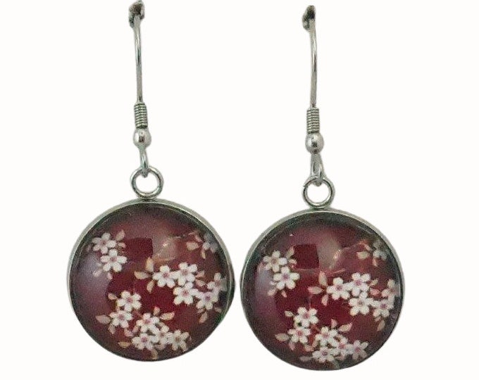 Stainless Steel Glass Tile Hooped Earrings Accessories Floral Japanese Blossom Red and White