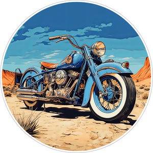 May include: A vintage-style blue motorcycle with a brown leather seat, chrome engine components, and whitewall tyres parked on a desert landscape with orange rock formations under a bright blue sky. The illustration features a circular frame.