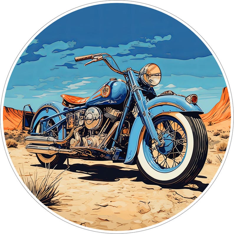 May include: A vintage-style blue motorcycle with a brown leather seat, chrome engine components, and whitewall tyres parked on a desert landscape with orange rock formations under a bright blue sky. The illustration features a circular frame.