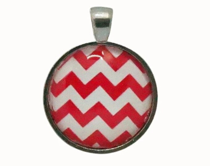 Chevron, Patterned Red and White, Silver Plated, Round Pendant, 25mm, Photo Pendant
