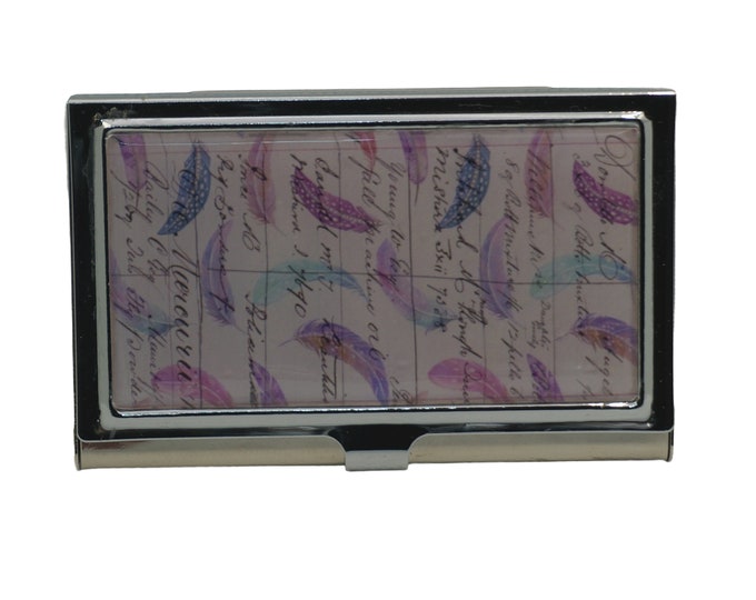 Card Holder, Metal Business Card Case, Cigarette Case, Credit Card Holder, Business Card Holder, Feathers, Pink, Green, Purple