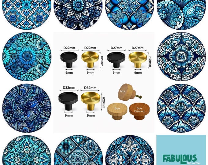 Blue Mandala Wood Drawer Knobs - Bohemian Dresser Pulls, Cabinet Hardware