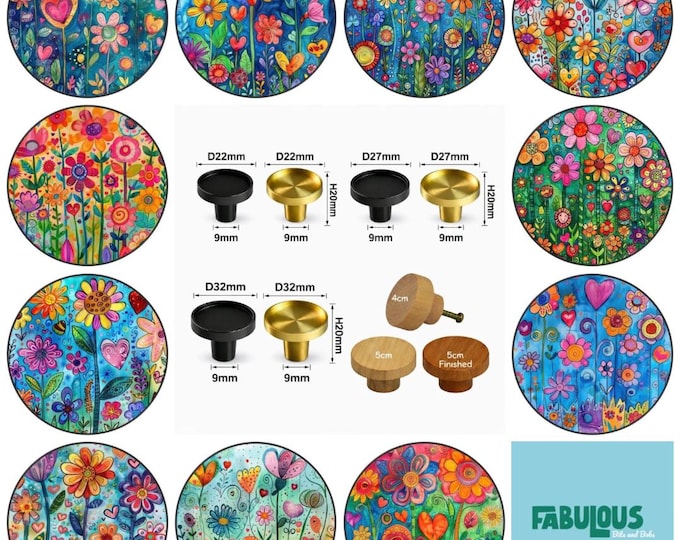 Hippy Flowers Round Wooden Cabinet Pulls, Drawer Knobs, Home Decor