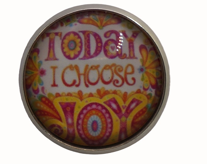 Today I choose Joy, Round Metal Brooch, Silver Plated, 2.5cm Brooch, Glass, Scarf Pin, Lapel Pin