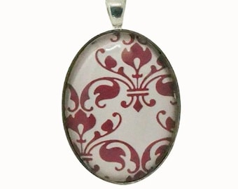 Art Nouveau, Patterned, Pink and White, Oval Silver Plated Glass Pendant, Necklace Pendant