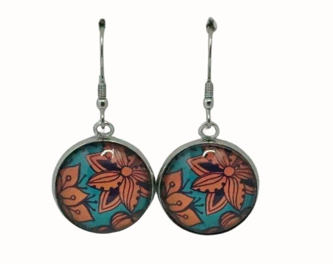 Stainless Steel Glass Tile Hooped Earrings Accessories Floral Orange and Green