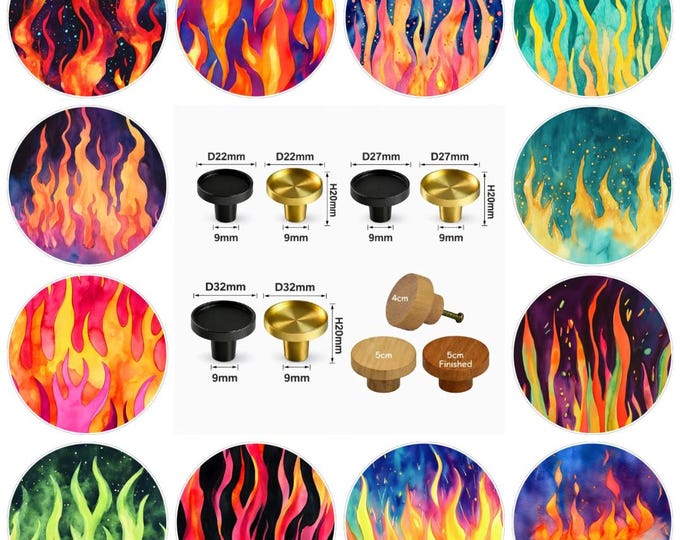 Neon Flames Wooden Drawer Knobs, Patterned Cabinet Handle (3cm, 4cm, 5cm Available)