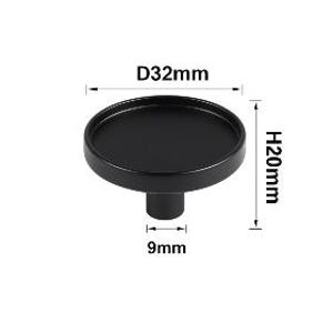 May include: A black cabinet knob with a round tray-like top. The knob measures 1.26 inches in diameter and 0.79 inches in height. The stem is 0.35 inches wide. The knob is designed for easy installation on drawers and cabinets.