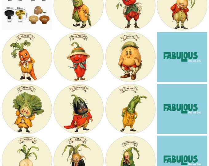 Funny Vegetables Drawer Knobs,  Round Wooden Cabinet Pulls, Brass Drawer Knobs