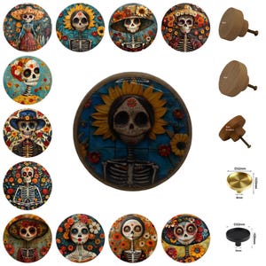 Drawer Knobs, Gothic, Skeletons, Folk Art Skeletons, 5cm Cabinet Handles, Furniture Drawer Knobs, Round Wooden Drawer Knobs, Cabinet Pulls