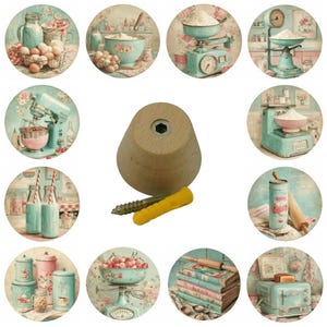 May include: A collection of round decorative images with a vintage kitchen theme. The images feature eggs, flour scales, mixers, and other baking-related items. A wooden peg with a screw and wall anchor is in the center.