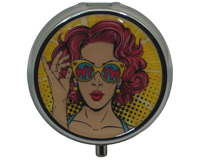 WOW, Retro Fifties, Sunglasses, Pop Art, Pill Box, Silver Plated, Medicine Case, One Day Pill Box, Trinket Box, Pill Case