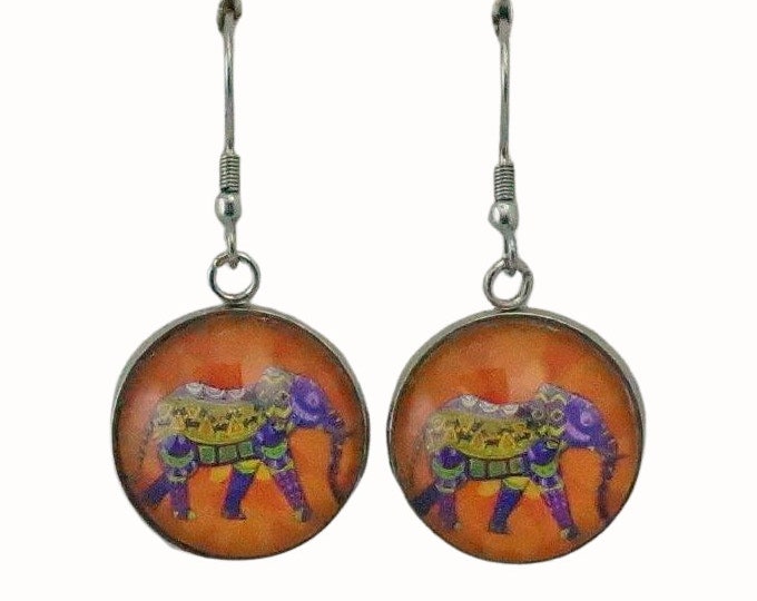 Stainless Steel Glass Tile Hooped Earrings Accessories Batik Elephants