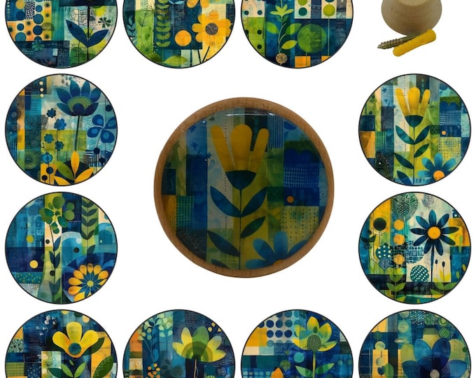 Wooden Wall Hooks, Coat Hooks, Wall Decor, Decorative Wall Hooks, Wall Art, Abstract Floral Art, Flowers, Blue, Yellow, Green