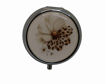Floral Leopard Print Pill Box: Silver Plated Pill Container Medicine Case