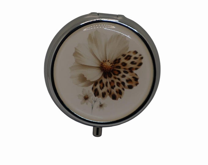 Floral Leopard Print Pill Box: Silver Plated Pill Container Medicine Case