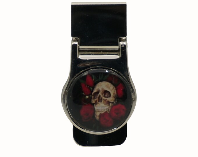 Skull and Roses, Stainless Steel Money Clip, Pocket Money Holder, Money Clip Holder