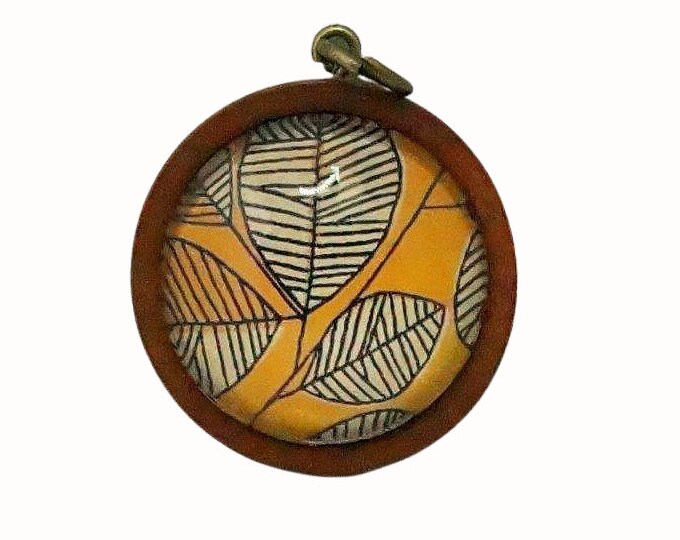Wooden Backed Glass Tile Pendant Necklace Accessories Natural Wooden Pendant Leaf Leaves on Yellow