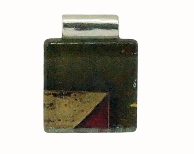 Flat Square Glass Tile Pendant with Tube Bail Abstract Art Green Cream and Red