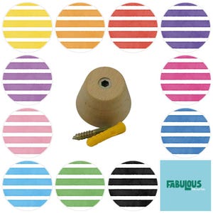 May include: A light-colored wooden knob with a central metal insert, accompanied by a metal screw and a yellow plastic wall anchor. Surrounding the knob are eleven circular swatches featuring horizontal stripes in yellow, orange, red, purple, lavender, pink, light pink, blue, light blue, green, and black.