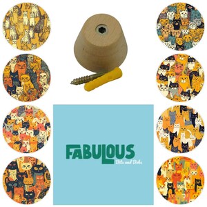 May include: A light-colored wooden knob with a central metal insert, accompanied by a metal screw and a yellow plastic wall anchor. Surrounding the hardware are eight circular patterns featuring various illustrated cats in shades of orange.