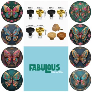 May include: A collection of round cabinet knobs featuring butterfly illustrations in various colours, alongside metal knobs with diameters of 22mm, 27mm, and 32mm, and wooden knobs measuring 4cm and 5cm. The text FABULOUS Bits and Bobs is visible.