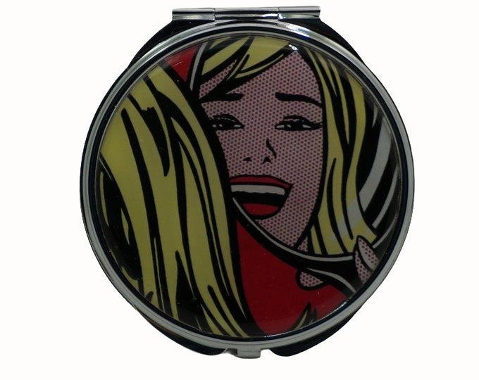 Pop Art, Retro, Girl Looking into Mirror, Large Pill Box, Mirror, Medicine Case, Pill Case, Silver Pill Box, Three Sectioned Pill Box