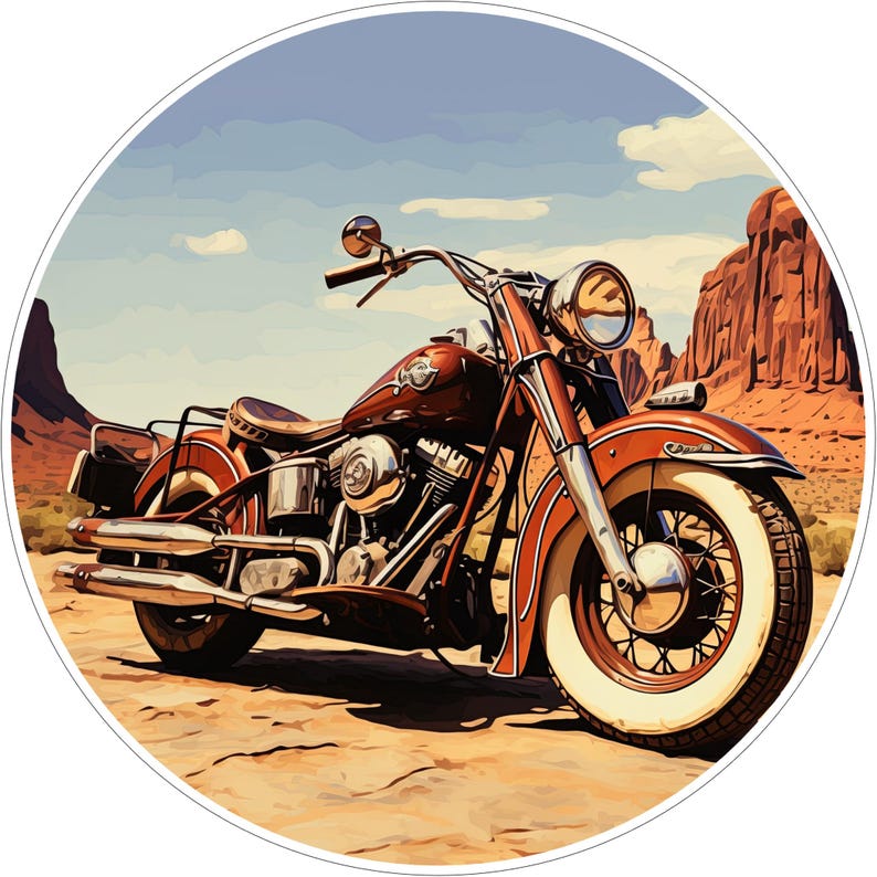 May include: A circular graphic illustration of a vintage-style cruiser motorcycle in a reddish-brown finish. The motorcycle features chrome exhaust pipes, a round headlight, and whitewall tires, positioned against a desert landscape backdrop.