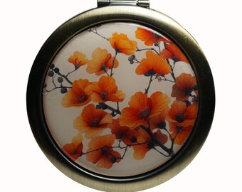 Japanese Blossom, Zen Art, Orange, Compact Mirror, Gifts for Her, Purse Mirror, Pocket Mirror, Handbag Mirror