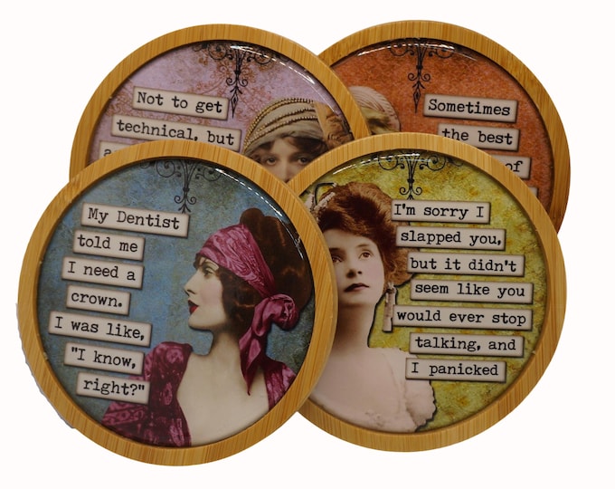 Humor, Sassy Women, Retro, Vintage, Alcohol, Wine Coasters,  Set of Four Round Wooden Coasters, Wine, Drink Coasters, Coffee Coaster