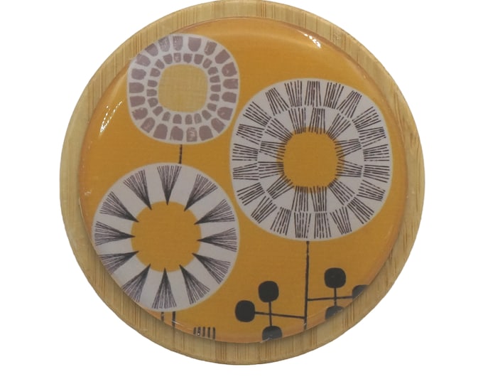 50ml Round Screw Top Bamboo Box, Wooden Box, Refillable Cosmetic Container, Jewellery Box, Keepsakes Box, Trinkets, Floral, Yellow, White