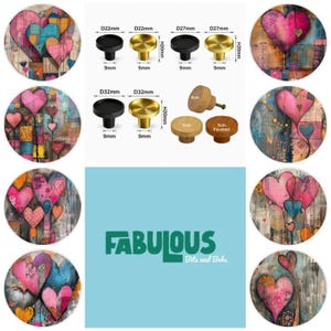 May include: A collection of circular wall art featuring abstract heart designs in pink, blue, and yellow, alongside various metal and wooden cabinet knobs. The knobs are labeled with dimensions in millimeters and centimeters, and the text reads FABULOUS Bits and Bobs.