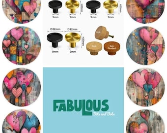 Whimsical Hearts Drawer Knobs, Round Wooden Cabinet Handles, Resin Brass Glass Cabochon