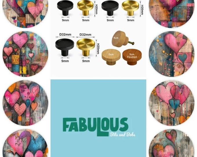 Whimsical Hearts Drawer Knobs, Round Wooden Cabinet Handles, Resin Brass Glass Cabochon
