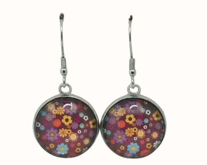 Stainless Steel Glass Tile Hooped Earrings Accessories Floral Colorful Daisies on Brown