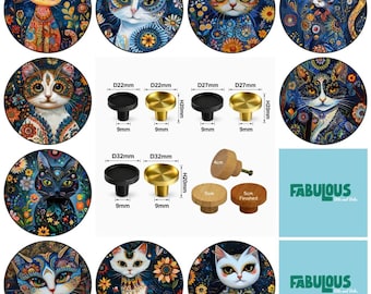 気まぐれな猫の引き出しノブ：丸い木製キャビネットプル（5 cm）真鍮ノブ