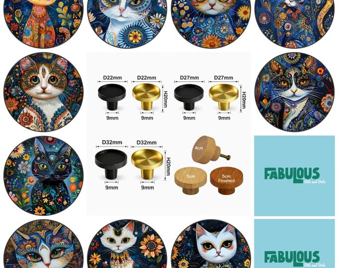 Whimsical Cat Drawer Knobs: Round Wooden Cabinet Pulls (5cm) Brass Knobs