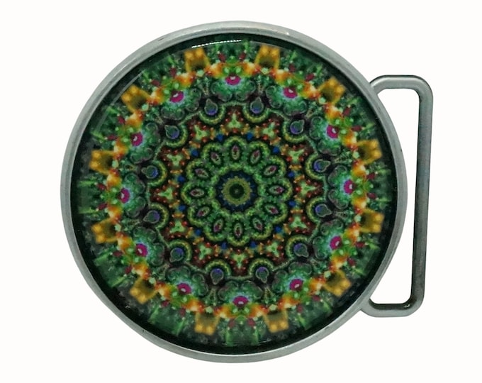 Mandala Round Belt Buckle, Green Belt Buckle, 7cm Round Decorated Belt Buckle, Pewter Finish Belt Buckle, Women's Belt Buckle