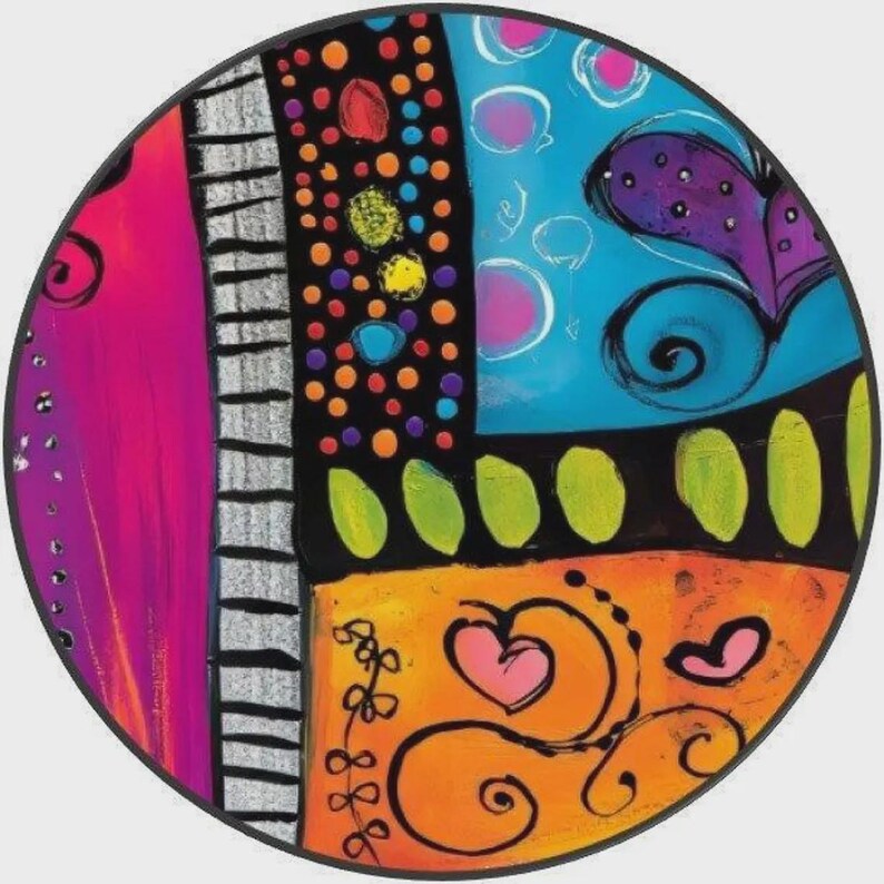 May include: A circular wall art piece featuring a vibrant abstract composition. The design includes a bright pink vertical section, a black band with colorful dots, a blue area with purple heart shapes, and an orange base with pink hearts.