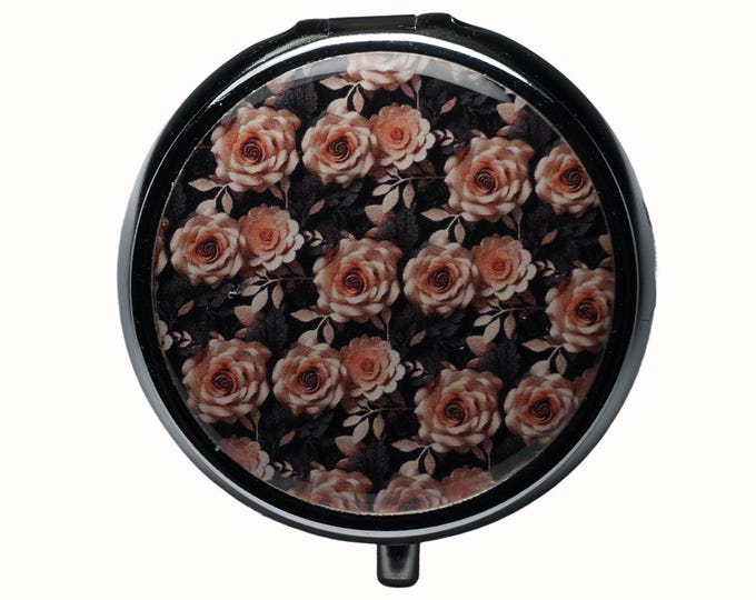 Floral, Roses, Brown, Peach, 3D, Pill Box, Silver Plated, Medicine Case, One Day Pill Box, Trinket Box, Pill Case