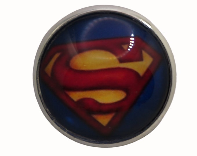Superman, Round Metal Brooch, Silver Plated, 2.5cm Brooch, Glass, Scarf Pin, Lapel Pin