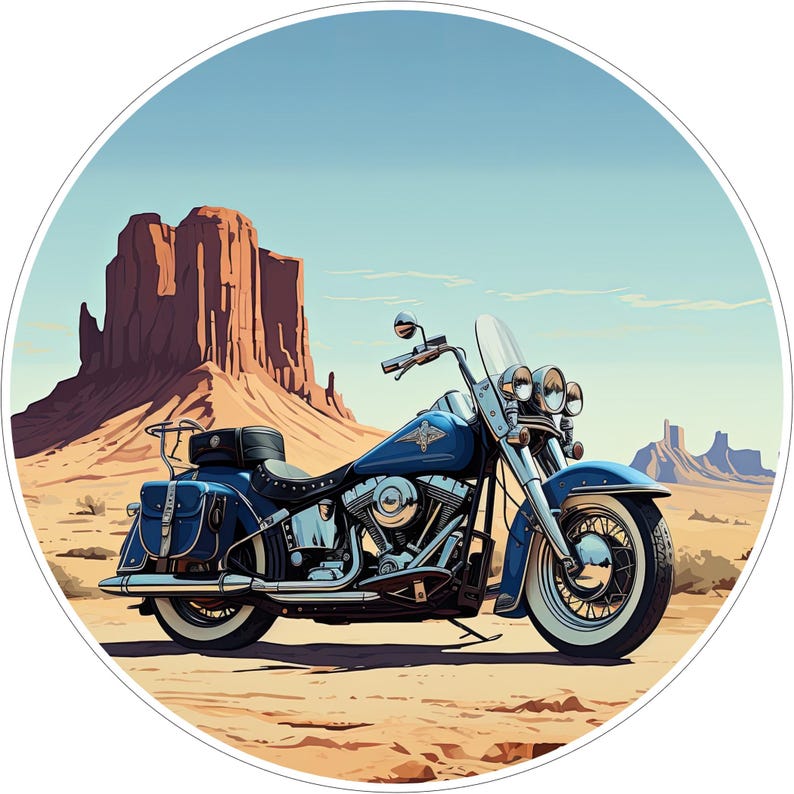 May include: A blue cruiser motorcycle with chrome accents, a windshield, and leather saddlebags parked on a desert landscape. The background features large red sandstone rock formations under a clear blue sky, captured in a circular frame.