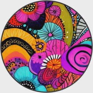 May include: A circular wall art piece featuring a vibrant abstract composition of overlapping floral and geometric shapes. The design includes bold shades of hot pink, bright orange, turquoise, yellow, and deep purple with black outlines.